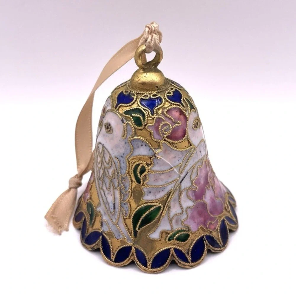 Antique Vintage Cloisonne Brass Enamel Bell Ornament Doves‎ Floral